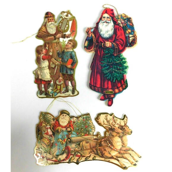 Vintage Die Cut Cardboard Santa Claus Christmas Ornaments 6 Inch Lot of 3 Taiwan - Picture 1 of 4